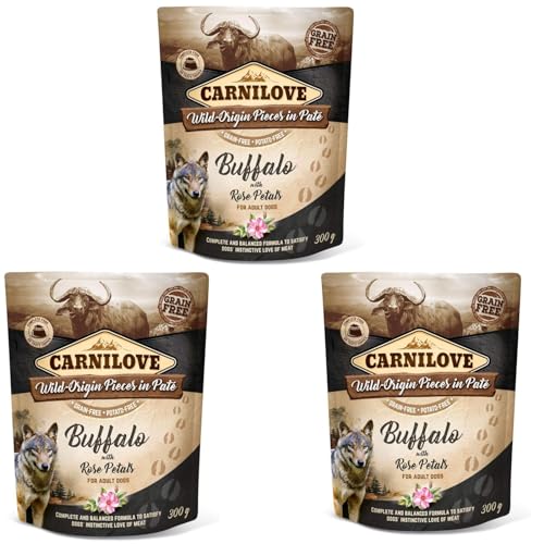 CARNILOVE Pouch Paté Buffalo with Rose Blossom | 3er Pack | 3 x 300 g | Alleinfuttermittel für Hunde | Büffel & Rosenblätter | Reich an Antioxidantien | Getreidefrei von CARNILOVE