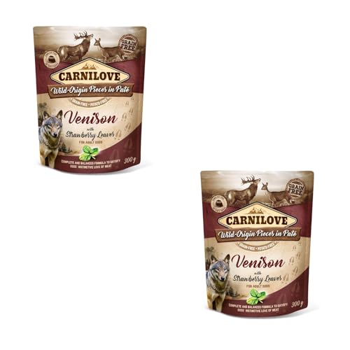 CARNILOVE Pouch Paté Venison & Strawberry Leaves | Doppelpack | 2 x 300 g | Alleinfuttermittel für Hunde | Hirsch & Erdbeere | Getreidefrei | Exotischer Fleischgeschmack von CARNILOVE