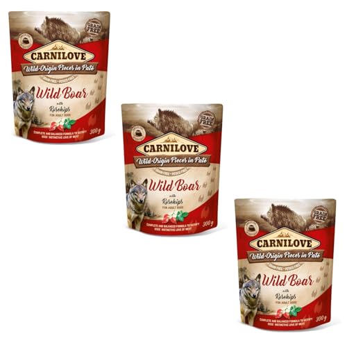 Carnilove Wild Boar with Rosehip | 3er Pack | 3 x 300 g | Nassfutter für ausgewachsene Hunde | Wildschwein mit Hagebutte | Getreidefrei | Aus 85% Fleisch und Innereien von CARNILOVE