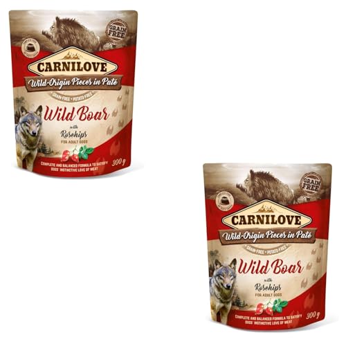 Carnilove Wild Boar with Rosehip | Doppelpack | 2 x 300 g | Nassfutter für ausgewachsene Hunde | Wildschwein mit Hagebutte | Getreidefrei | Aus 85% Fleisch und Innereien von CARNILOVE