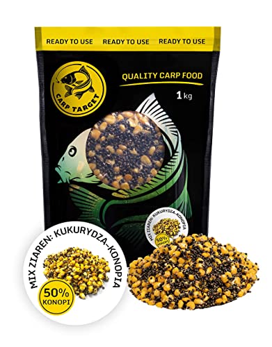 Carp Target Gekochter Mix Körner Mais Hanf für Karpfen - Fertiger Fisch Grundfutter - Lockfutter - Groundbait - Karpfenfutter Angeln - Anfüttern - Grundfutter Karpfen - Angelfutter - 1kg von CARP TARGET