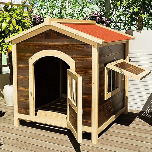 Hundehütte aus Massivholz mit Sonnenblende mit Türen und Fenstern, leicht zu reinigen und zu installieren, einfache Hundehütte für den Innen- und Außenbereich (karbonisierte Farbe XL) von CASEGO