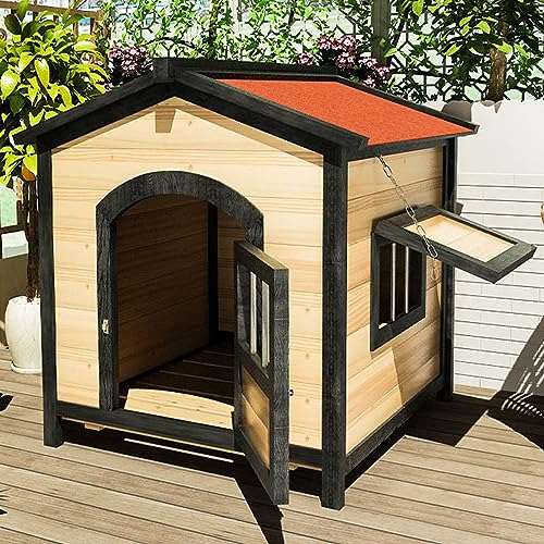 CASEGO Hundehütte aus Massivholz mit Sonnenblende mit Türen und Fenstern, leicht zu reinigen und zu installieren, einfache Hundehütte für den Innen- und Außenbereich (Holzscheitefarbe, klein) von CASEGO