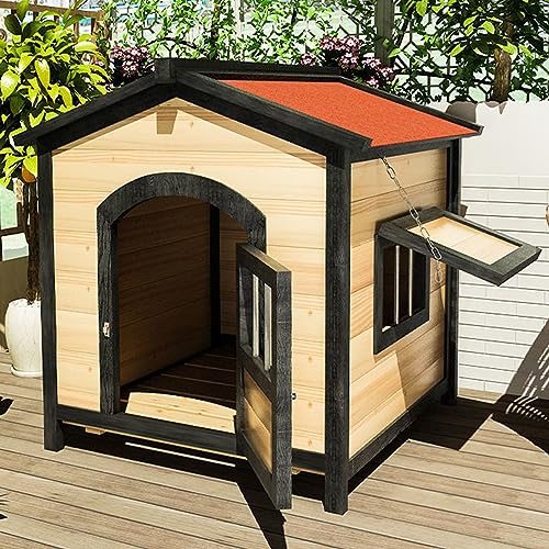 Hundehütte aus Massivholz mit Sonnenblende mit Türen und Fenstern, leicht zu reinigen und zu installieren, einfaches Hundehaus für den Innen- und Außenbereich (Log-Farbe S) von CASEGO