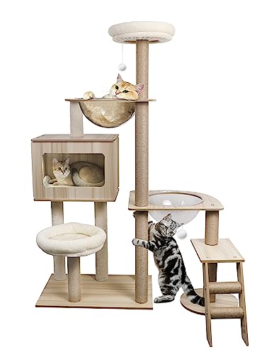 CASSAIO Katzenbaum für Indoor-Katzen, moderner Katzenbaum, Holz, Katzenturm mit großer Raumkapsel, Katzenhütte mit Sisal-Kratzbaum und lustigem Spielzeug, Katzenmöbel, Aktivitätszentrum, 141 cm von CASSAIO