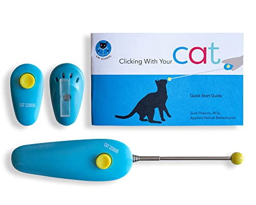 CAT SCHOOL Clicker-Trainingsset - 1 Katzentraining Clicker, 1 Zielstab, 1 Schritt-für-Schritt-Anleitung (evtl. Nicht in Deutscher Sprache), Clicker-Tools für Katzentraining, Fauststoßtraining, von CAT SCHOOL