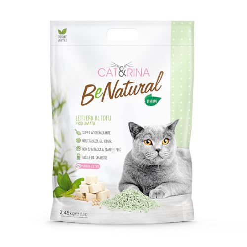 Cat&Rina BeNatural Tofu Katzenstreu, pflanzlich und stark klumpend. Biologisch abbaubar und in der Toilette entsorgbar.Bis zu 30 Tage Gebrauch. Katzenstreu mit Grünem Tee, 5,5l von CAT&RINA