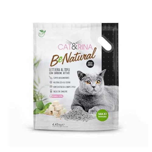 Cat&Rina BeNatural Tofu Katzenstreu, pflanzlich und stark klumpend. Biologisch abbaubar und in der Toilette entsorgbar. Bis zu 60 Tage Gebrauch. Maxi-Format Aktivhole, 10L. von CAT&RINA