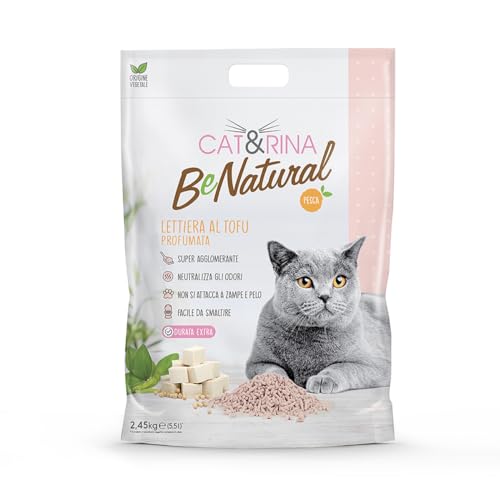 Cat&Rina BeNatural Tofu Katzenstreu, pflanzlich und stark klumpend. Biologisch abbaubar und in der Toilette entsorgbar.Bis zu 30 Tage Gebrauch. Katzenstreu mit Pfirsichduft, 5,5l von CAT&RINA