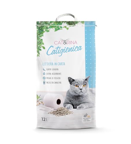 Cat&Rina Katzenstreu Extra-absorbierendes Papier-Katzenstreu. Biologisch abbaubar und in der Toilette zu entsorgen.Staubfreies und superleichtes Katzenstreu | 12L von CAT&RINA