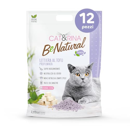 Cat&Rina Tofu Pflanzenstreu für Katzen, 5,5 l, entsorgt in Bio oder Toilette, geruchshemmend, Lavendelduft, 12 Stück von CAT&RINA