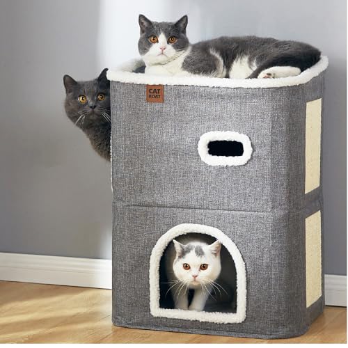 CATBOAT 2-stöckiges Katzenhaus für den Innenbereich, überdachte Katzenbetten und Möbel mit Kratzunterlage und Versteckhöhle, niedliches modernes Katzenhaus für mehrere kleine Haustiere, große von CATBOAT