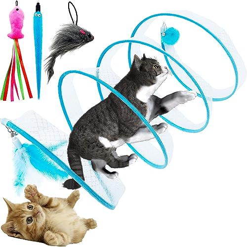 Gefalteter Katzentunnel, Zusammenklappbarer Katzentunnel Spielzeug mit Katze Feder Wurm Fisch Maus Spielzeug Nachfüllungen, Interaktives Katzenfederspielzeug Katzentunnel für Indoor Katzen (Blau) von CATENEED