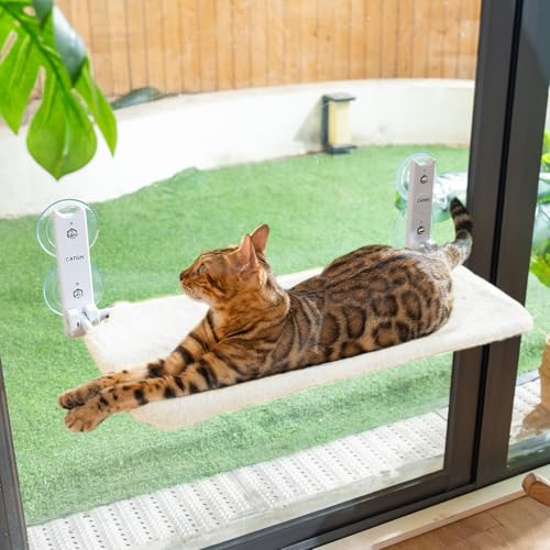 CATISM Großes Katzen-Fensterbett – Faltbare hängende Katzenfensterhängematte – Fensterbanksitz für große Katzen, Regal mit starken Saugnäpfen, Kitty-Liege, wendbarer Bezug, hält bis zu 18 kg (Beige) von CATISM