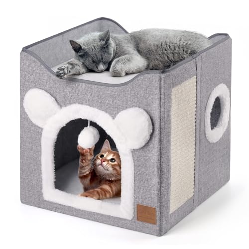 CATISM Faltbares Katzenhaus, 40 x 40 x 35cm Katzenbett 2 Schicht Große Katzenhöhle für Haustier Katze mit Kratzbrett und Flauschige Kugel für kleine mittlere Haustiere Innenruhe von CATISM