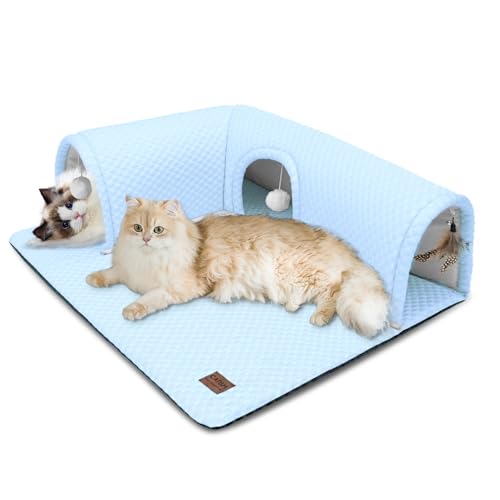 CATISM Katze Tunnel, Katze Teppich Tunnel, Katze Tunnel für Indoor Katzen, Katze Tunnel Teppich, Abnehmbare Katze Tunnel, Katzenbett Tunnel, Cat Tube 3 Ports für 2 Deckenkugeln(blau) von CATISM