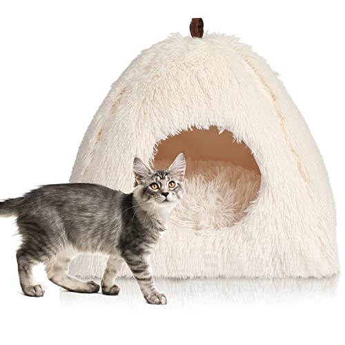 CATISM Katzenbett Waschbar Katzenschlafplatz für Katzen Katzenhöhle Plüsch Haustier Katzenkopfkissen Katzenhaus Katzenkissen Flauschiges Kätzchen Welpen Kuschelbett Haustierbett Weiß von CATISM