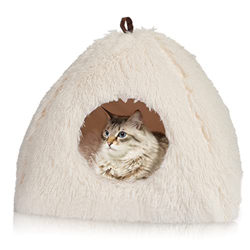 CATISM Katzenhöhle Katzenbett Katzenhaus Kuschelhöhle Faltbar Waschbar Bequemer Katzenschlafplatz für Katzen Kätzchen Welpen mit Abnehmbarem Katzenkopfkissen Beige von CATISM