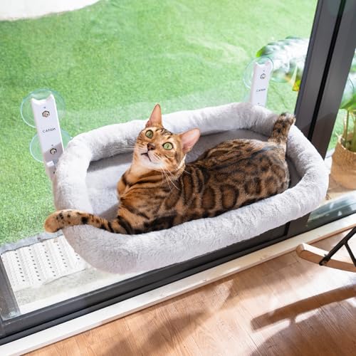 CATISM Klappbar Katzen Hängematte mit Kissen Bis zu 20kg, 52x30cm Fensterliege für Katzen Katzenhängematte, Waschbarer Doppelseitiges Stoffpolster Katzen Fensterliege, Fensterbank Katzenliege, Grau von CATISM