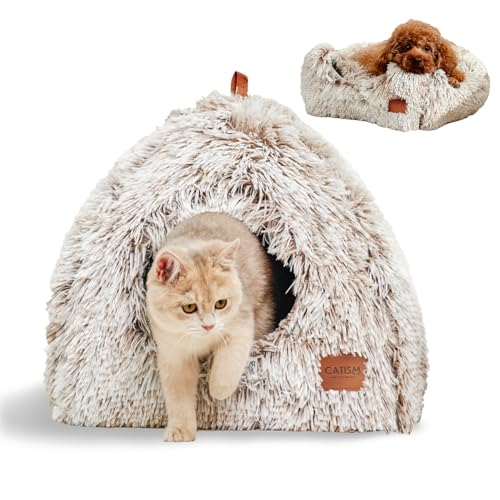 CATISM katzenhöhle Katzenbett Katzenhaus Kuschelhöhle 45x45cm, 2 in 1 Faltbar Waschbar Bequemer Katzenschlafplatz für Katzen Kätzchen Welpen mit Abnehmbarem Katzenkopfkissen (Braun) von CATISM