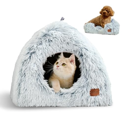 CATISM katzenhöhle Katzenbett Katzenhaus Kuschelhöhle 45x45cm, 2 in 1 Faltbar Waschbar Bequemer Katzenschlafplatz für Katzen Kätzchen Welpen mit Abnehmbarem Katzenkopfkissen (Grau) von CATISM