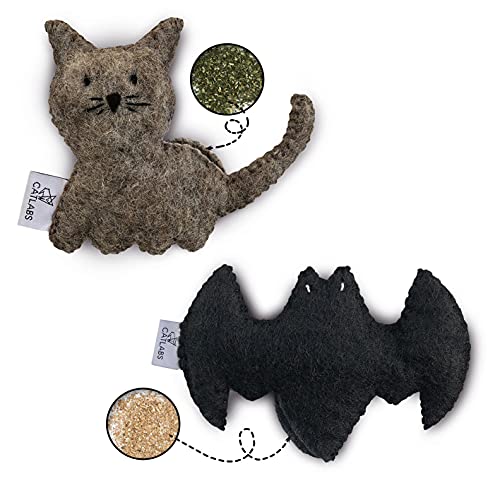 CATLABS Katzenminze Spielzeug 2er Set 'Kuschelige Katzekissen' und 'Flauschige Fledermaus' mit Katzenminze & Baldrian - natürliche Schafwolle ohne Polyester - nachfüllbar von CATLABS