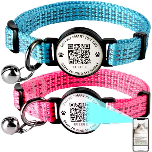 CATPRO Smart QR-Code Haustier-ID-Hundehalsband, reflektierendes Nylon mit Glöckchen, sicherer Abreiß, bequem, langlebig, geeignet für Kätzchen, Rosa und Blau, Größe S von CATPRO