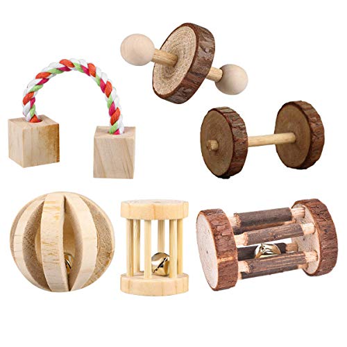 CCCYMM 6 Stück Kauspielzeug aus natürlichem Holz für Haustiere, Hantelform, Spielzeug für Papageien, Kaninchen, Chinchilla, Meerschweinchen, Hamster, kleine Tiere von CCCYMM