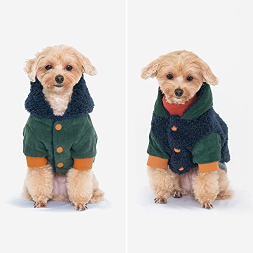 CCOCCADOG Wendbarer Wintermantel für Hunde, mit Kapuze, grüner kleiner Fleece-Boucle-Cord-Welpenpullover, einfaches An- und Ausziehen, Kaltwetterkleidung für kleine und mittelgroße Hunde von CCOCCADOG