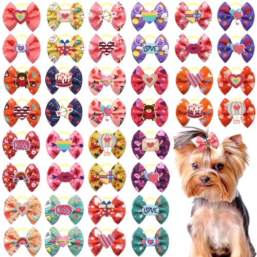 CCUUHJ 20 Stück/10 Paar Valentinstag Yorkie Hund Welpen Haarschleifen mit Gummibändern Haarschmuck Schleife Haustier Fellpflege Niedlich Haustier Kleine Haarschleife (Rosa) von CCUUHJ