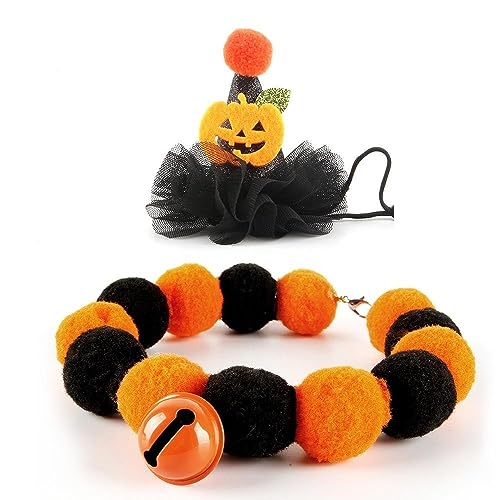 CCUUHJ Halloween Katze Hut Halsband Set 2 Stück Halloween Haustier Halsband Glocke Halskette und Haustier Zauberer Hexenhut Thanksgiving Weihnachtskostüm für Katzen Kleine Hunde (Orang, Large) von CCUUHJ