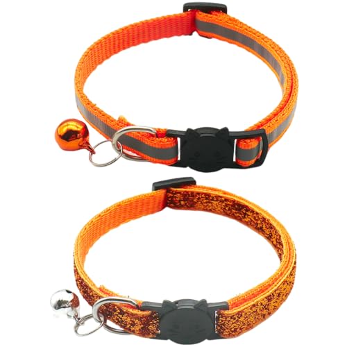 Reflektierendes Katzenhalsband mit Glöckchen, 2 Stück, glitzernd, für Mädchen, Jungen, Haustier, Kätzchen, verstellbar, 19,1 - 32,5 cm, Orange von CCUUHJ