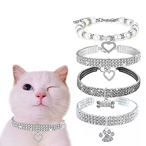 4 Stück Strass Hundehalsbänder Katze Glitzer Charms Hundehalsbänder Verstellbares Kristall Katzenhalsband Elastische Niedliche Schmuck Halskette für Kleine Haustiere Katze Hund von CDIYTOOL