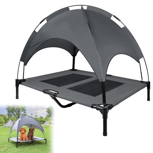 CEEDIR Hundebett mit Baldachin Haustierbett Sonnenschutz Dach Erhöhtes Hundebett Hundesofa Atmungsaktiv Wetterfest für Indoor & Outdoor-L 92x76x92cm von CEEDIR