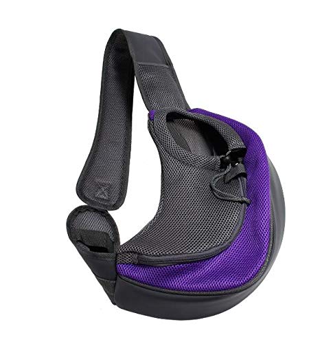 Tragetuch Hund,Hundetragetasche Haustier Hundeträgerbeutel Katzen Welpen Outdoor Bags Mesh Oxford Single Umhängetasche Sling Front Mesh Reise Umhängetasche (Color : Purple, Size : S) von CEFPOD