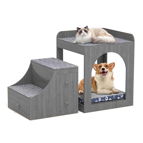 Hundetreppe Bett,CEIEVER Hundetreppe 3 Stufen 27,6" Hoch Katzentreppe mit Katzenloch und Teppich rutschfeste Hunderampe mit Schublade Haustiertreppe aus Holz für Katzen und Hunde von CEIEVER