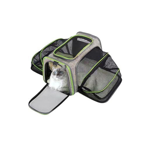 Rucksack Katzen & Hunde,CEIEVER Erweiterbare Katzentasche 45X30X30CM Transportbox Katze & Hund Faltbarer Haustiertrage-Rucksack Haustiertrage mit belüftetem Design für Katzen und Hunde (grau+grün) von CEIEVER