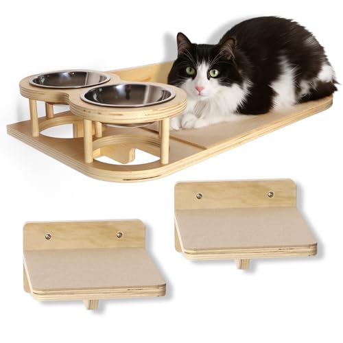 CELESTIAL ESSENTIALS Katzenwandregale - Katzenregale für Wand mit Futternäpfen - Moderne Katzenmöbel für kleine, mittelgroße, große Indoor-Katzen - Langlebiges Sperrholz Wandmontierte Katzenregale mit von CELESTIAL ESSENTIALS