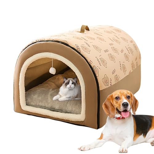 CENMOO Hundehöhle – Abnehmbares 2-in-1-Katzenbett mit Kugelanhänger, Flanell-Katzenbett, Nest für Katzen, Versteck für Katzen, Höhlen für Indoor-Katzen, Bett von CENMOO