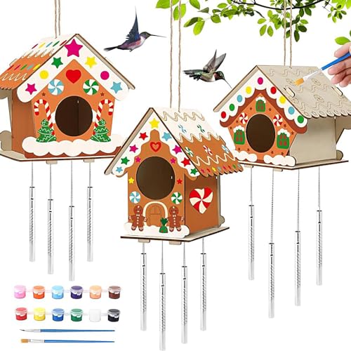 CENMOO Love Wood Crafts Vogelhaus aus Holz, Windspiel in Vogelnestform, mit 12 Farben, 2 Pinsel, 2 Schnüre und 3 Holzspänen von CENMOO