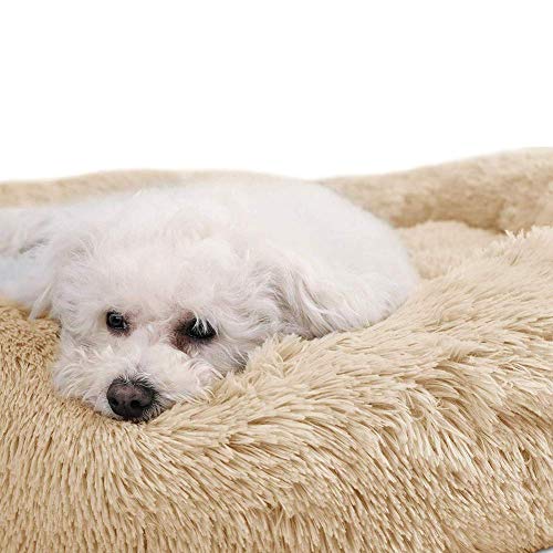 CENY Warmes, beruhigendes Hundebett, rundes Welpennest, Kuschelkissen aus Kunstfell, waschbar, für Katzen und Hunde, Größe L, 70 cm, Beige von CENY