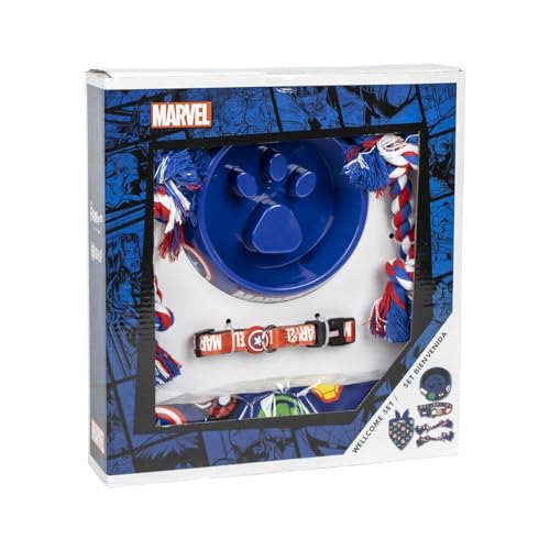 CERDÁ LIFE'S LITTLE MOMENTS Avengers Willkommensgeschenkset für Hunde, Blau – Superhelden-Design – Größe 28 x 30 x 6,8 cm – Futternapf, Taschentuch, Seile und Halsband – Original Design in Spanien von CERDÁ LIFE'S LITTLE MOMENTS