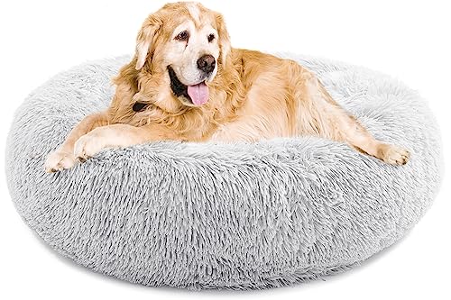 Beruhigendes Hundebett für Hunde Katzen Donut Hundebett Haustierkissen Bett Plüsch Katzenbett Rund Anti-Angst Hundebett Orthopädisches Hundebett Maschinenwaschbar 91,4 cm Grau von CEVICOLZE