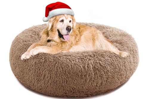 Beruhigendes Hundebett für Hunde Katzen Donut Hundebett Haustierkissen Bett Plüsch Katzenbett Rund Anti-Angst Hundebett Orthopädisches Hundebett Maschinenwaschbar 91,4 cm HellKaffee von CEVICOLZE