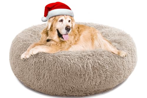 Beruhigendes Hundebett für Hunde Katzen Donut Hundebett Haustierkissen Bett Plüsch Katzenbett Rund Anti-Angst Hundebett Orthopädisches Hundebett Maschinenwaschbar 91,4 cm Khaki von CEVICOLZE