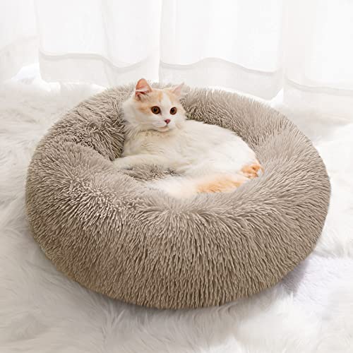 CEVICOLZE Kleines Katzenbett für Hauskatzen, selbstwärmendes Donut-Kitty-Bett für kleine Katzen, hält warm, waschbares Haustierbett mit rutschfester Unterseite, Khaki, 50,8 cm von CEVICOLZE