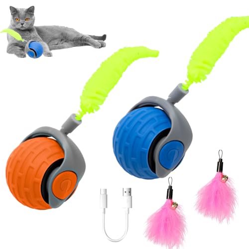 CEWROM Interaktives Katzenspielzeug Ball, Hundespielzeug Ball Rolling, Katzenball Elektrisch mit USB Aufladbar, Katzenspielzeug Selbstbeschäftigung, Pet Ball mit Ersatzschwanz, eine Feder, Blau+Orange von CEWROM