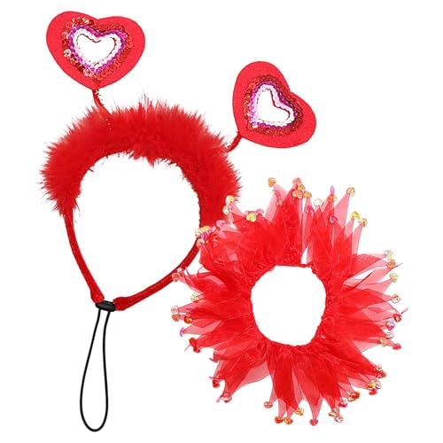 CGACCSD Valentinstag-Hundekleidung,Valentinstag-Herz-Stirnband-Hund,Entzückendes Ribbons Hundehalsband-Kostümset mit rotem Herz-Stirnband - Hundebekleidung, Outfits, Urlaubskostüme für mittelgroße bis von CGACCSD