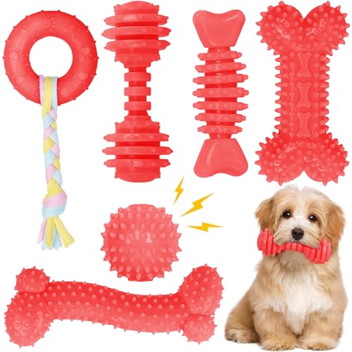 CGBD Welpenspielzeug, 6 Stück, Kauspielzeug für Welpen, niedliches rotes kleines Hundespielzeug, Zahnspielzeug für Welpen, weich, langlebig, interaktives Kauspielzeug für kleine Hunde von CGBD