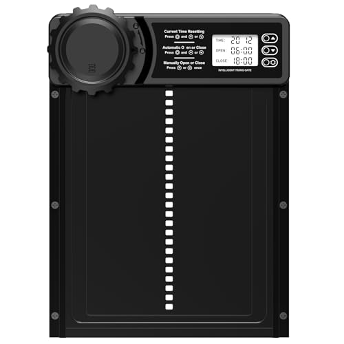 CHAMUTY Aluminum Automatische Hühnerklappe Batterie, Hühnerklappe Automatisch mit Wasserdicht Großes Display, Timer, Manuelle, Elektrische Hühnerklappe Hühnertür, Intelligenter Einklemmschutz, Schwarz von CHAMUTY